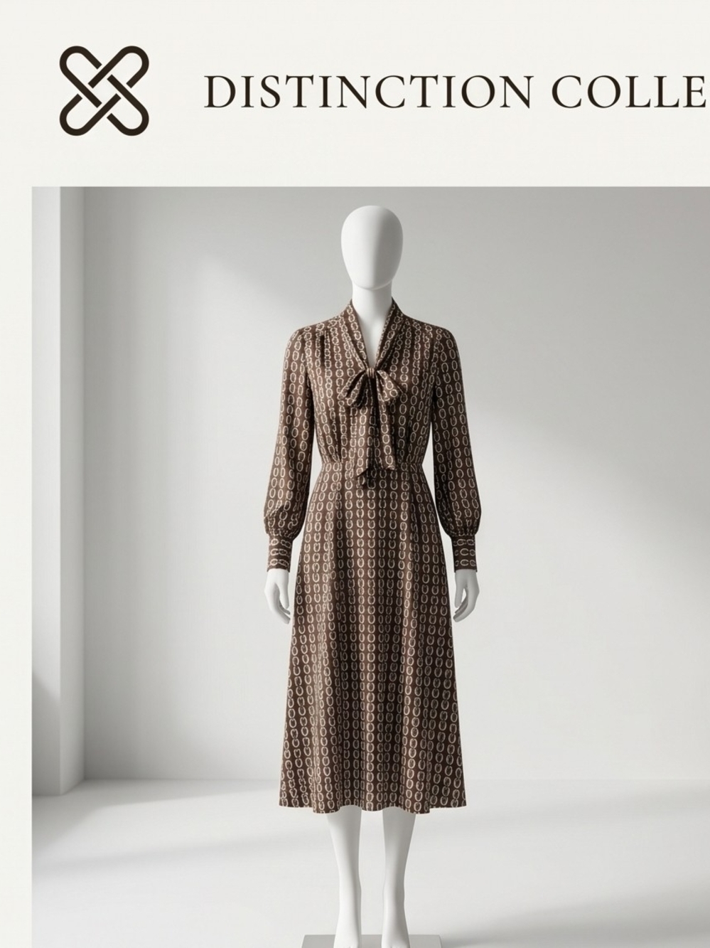 Brown Printed Tie-Neck Midi Dress Perfect For The Classic Business Professional
